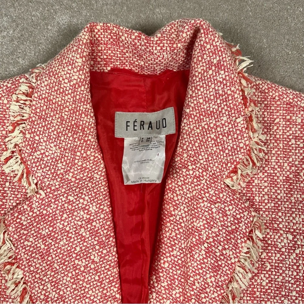 Feraud Pink/Cream Tweed 2 Button Blazer Fringe Hem Vintage Hungary Women's 6